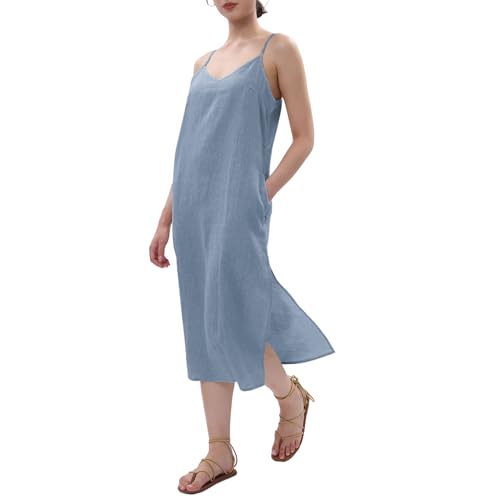 Image of Amazhiyu Women's Pure Linen Summer Midi Split Slip Dress | V Neck, Spaghetti Strap, with Pockets