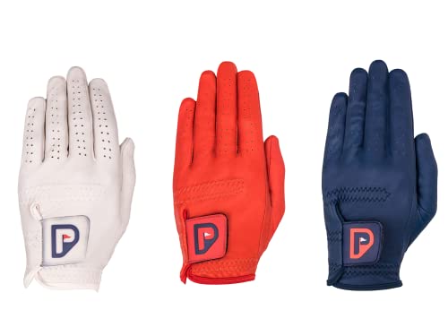 Pur3 Golf - Men’s Premium Tour Golf Glove For Right Handed And Left Handed Golfers, Cabretta Leather, Ball Marker Included, 3 Glove Multi Pack With Red, Blue And Beige Gloves (Large, Left) #TOP12