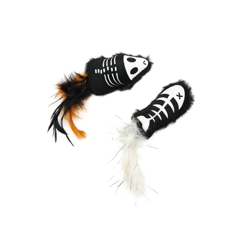 Halloween Cat Toys 2-Pack Interactive Plush Fishbone and Mouse Bone Catnip Toys with Feather Tails for Indoor Cats
