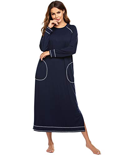 Ekouaer Nightgowns for Women Cotton Soft Long-Sleeve Long Women Sleepwear Nightdress Navy Blue