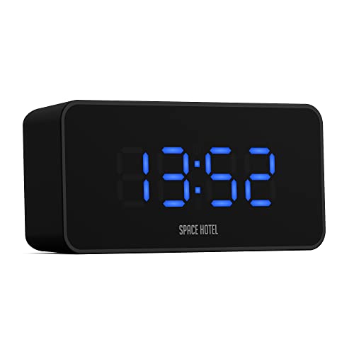 Space Hotel® Hypertron Digital Alarm Clock With Led Display, 12/24Hr, Room Temperature, Usb Charging Port, 3 Levels Brightness Dimmer, Usb Powered & Battery Backup (Black/Blue) #TOP6