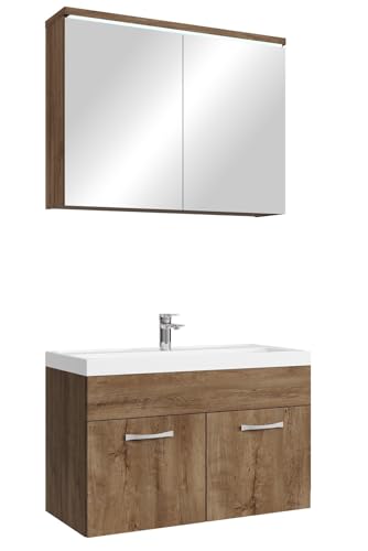 Badplaats B.V. Meuble de Salle de Bain Paso 02 80 x 40 cm lavabo Chene Marron – Armoire de Rangement Miroir Armoire Miroir