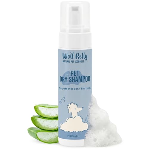 Wolf Belly - Shampoing Sec Chiens et Chats (200 ML) Mousse sans Rinçage | Soins de la Peau à l'Aloe Vera | Élimine Saletés et Odeurs | Facile à Utiliser...