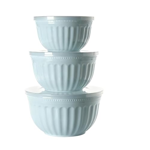 Juego de ensaladeras con tapa, 3 piezas, cuencos para mezclar de plástico, sin BPA, apilables, grandes para cocina, juego de cuencos para mezclar, servir y guardar (azul)