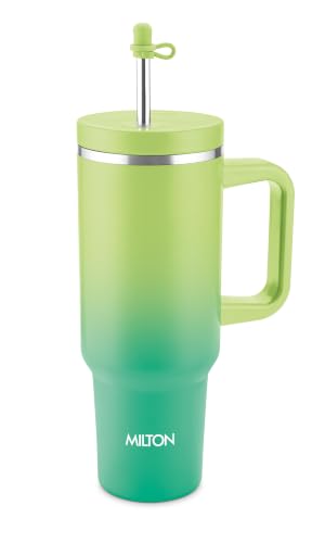 Image of Milton My Tumbler Canvas 1200 Thermosteel Double Wall Vacuum Insulated SS Tumbler with Handle 1100ml,Leak Proof Travel Mug,Straw,Silicon Cap Cleaning Brush,Hot & Cold Beverage Flask,Light & Aqua Green