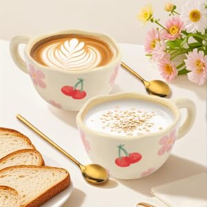 Wideotng Paquete de 2 tazas de café de cerámica, 8 onzas, hechas a mano, bonitas tazas de chocolate caliente para niña y mamá, taza de leche estética con asa para espresso, latte, cacao, regalo, apto