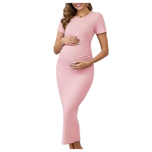 MARI GABRIEL Vestido feminino para gestantes, colado ao corpo, midi lateral, franzido, com nervuras, manga curta, coquetel, sessão de fotos de casamento, rosa, M