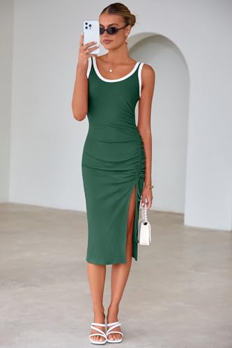 Image of IHOT Women's Sexy Side Slit Midi Dresses Sleeveless Ribbed Casual Ruched Bodycon Club Party Tank Dress