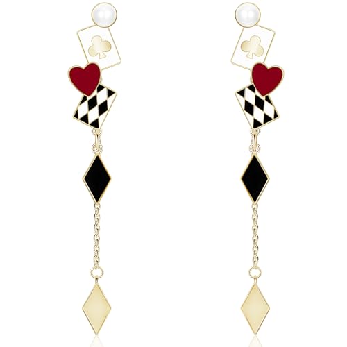 Bohemian Funny Red-Black Playing Card Gold Enamel Lightweight Dangle Drop Earrings Handmade Poker Pearl Stud Earrings For Women Jewelry Gifts