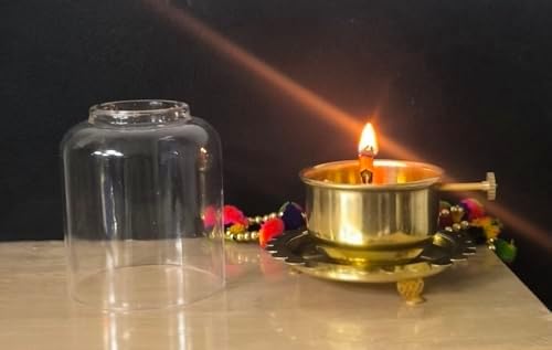 Premium Brass Lanterns 4 Inch Height Medium Size Akhand Diya with Lifting Screw with Adjustable Bati Knob, Wick Lifting Screw Lever, Glass Cover Navratri Special Deepak Diya for Diwali