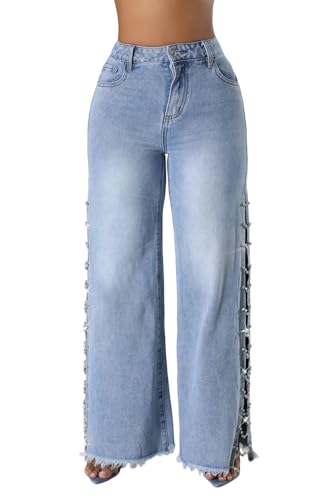 Vakkest Women's High Waist Rhinestone Jeans Diamond Lace Up Hollow Out Split Denim Pants Fringe Hem Wide Leg Trouser Blue