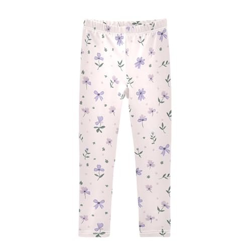 Purple Floral Bows Girls Leggings Soft Stretch Workout Yoga Dance Pants for Kids Casual Tights