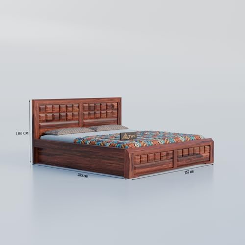 Image of Solid Sheesham Wood Queen Size Bed with Storage Box | Double Bed for Bedroom | Big Diamond Design Wooden Double Bed Cot for Home & Hotels | Rosewood, Honey Finish