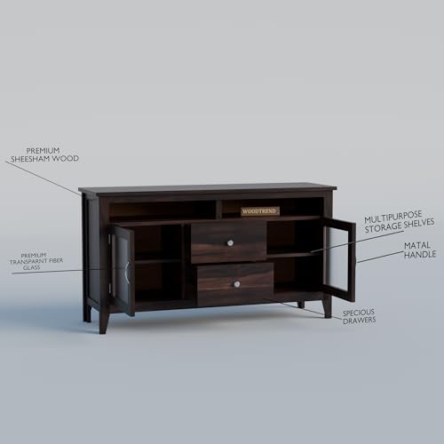 Image of Sheesham Wood TV Stand with 2 Door and 2 Drower and Shelf Storage Entertainment Unit Tv Cabinet for Living Room Home (Walnut Finish)
