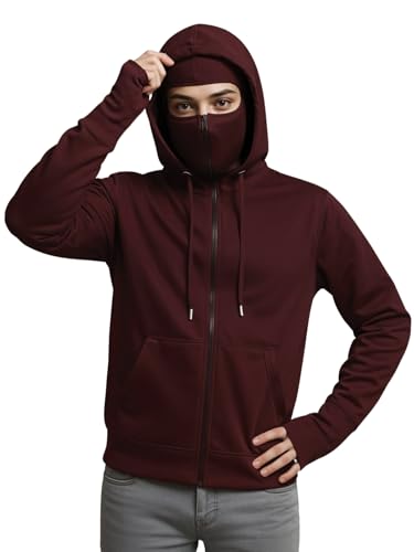 Image of ADRO Men Balaclava Hoodies | 320 GSM Soft Cotton Zipper Hoodie | Thumb-Hole Cuff Gloves | Travel Jacket with Hood | Winter Sweatshirt