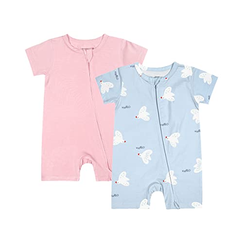 Image of Teach Leanbh Baby Boys Girls 2 Pack Bamboo Viscose Pajamas 2 Way Zipper Short Sleeve Romper Jumpsuit Sleep and Play