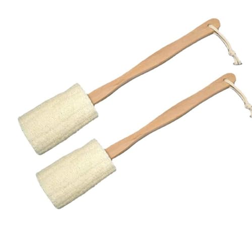 2 Pack Natural Loofah Sponge Back Scrubber with Long Wooden Handle, Long Looffu Bath Brush for Body Exfoliation (37cm/14.5inch)