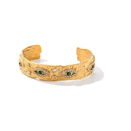 Vintage 14K Gold Malachite Devil's Eye Cuff Bracelet with Devil's Eye Moissanite Decor, Fashion Jewelry Gift