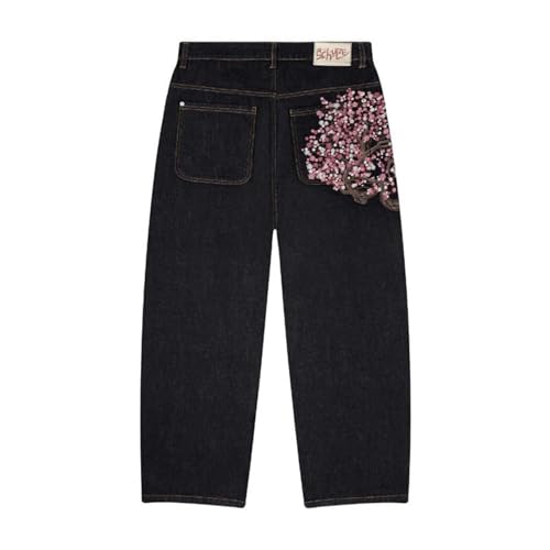 Pantalon en Jean Streetwear pour Hommes Distressed Casual Brodé Motif Floral Pantalon Loose Fit