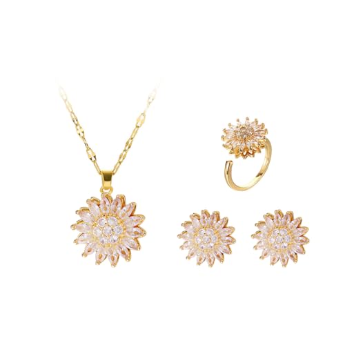 Hanaoops Ensemble de Bijoux pour Femme Parure Bijoux Zircon Cubique Inoxydable Plaqué Or 18K Boucles d'oreilles Bagues Collier Strass Fleur Pendantes...