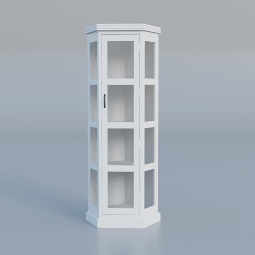 Image of Krishna Wood Decor Solid Sheesham Wood Corner Cabinet with Four Shelves | Tall Display Unit Storage with Acrylic Glass Door for Living Room & Office | Wooden Bookcase /Corner Showcase | White Finish