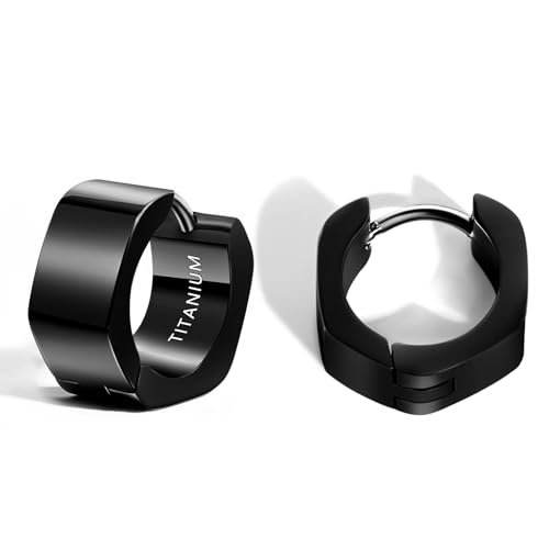 TGNEL Pure Titanium Mens Hoop Earrings for Sensitive Ears, Small Hexagon Titanium Huggie Earrings for Men Women Black/Silver