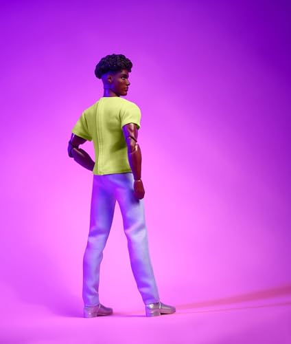 Barbie Looks Ken Doll, Collectible No. 25 with Curly Black Hair & Modern Y2K Fashion, Chartreuse Tee & Pastel Trousers with Silver Boots
