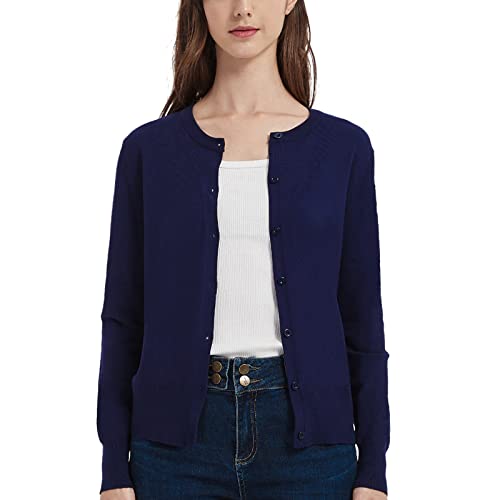 Women's Crew Neck Button Down Long Sleeve Cardigan Sweater Blue #TOP12