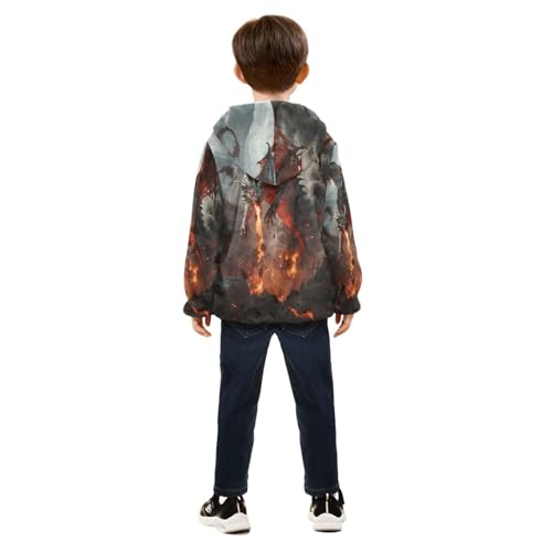 Fiery Dragon over Volcanic Landscape Artwork Toddler Fleece Jacket Girl Boys Hooded Fleece Jacket4