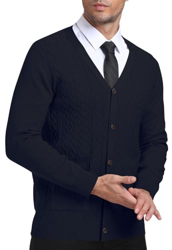 PCEAIIH Men's Cardigan Sweater Knit Jumper Buttons V Neck Shawl Collar with Pockets Classic Long Sleeve Soft Lightweight Navy