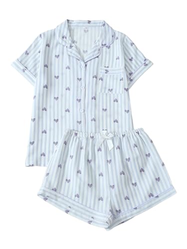 Image of BEAUDRM Women's Two Piece Pajama Sets Allover Print Short Sleeve Sleepwear Button Down Shirt and Bow Shorts Pj Set Loungewear