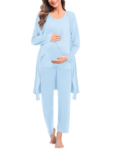 Image of SWOMOG Maternity Nursing Robe Set 3 PCS Postpartum Breastfeeding Pajamas Hospital Pregnancy Pjs Double Layer Lounge Set