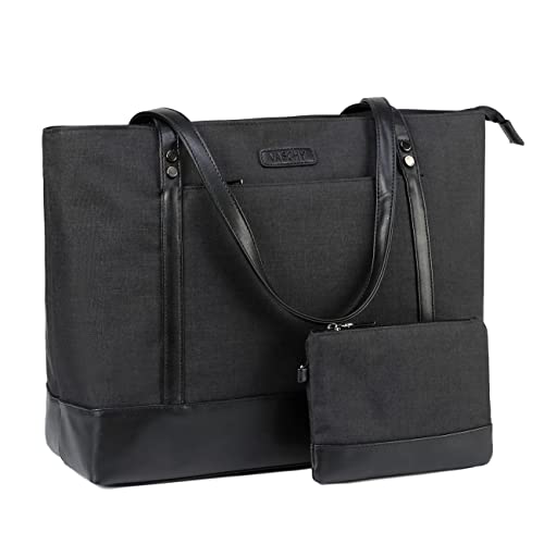 VASCHY Laptop Handtasche Damen, Groß Wasserdicht 15.6 Zoll Laptop Tasche Arbeitstasche Elegante Shopper Tote Bag für Business Büro Schule Einkauf Arbeit Reisen mit Gepäckband Schwarz