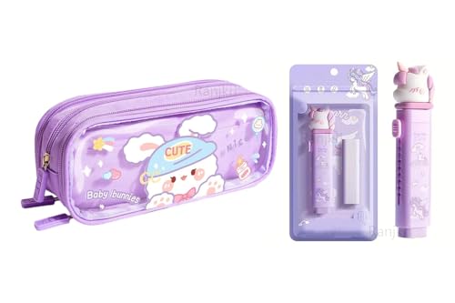 Image of Purple Stationery Combo Set for Girls | Kawaii Pencil Case Pouch with Zipper & Push Pull Eraser with Refills | Back to School Supplies Gift for Kids (Baby Bunny + Eraser)