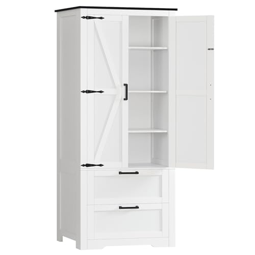 Image of TEENFON 66.2" H Storage Cabinet with 2 Drawers, Farmhouse Kitchen Pantry Cabinet with 2 Doors & Adjustable Shelf, Bathroom Cabinet, for Living Room, Kitchen, Bathroom, White