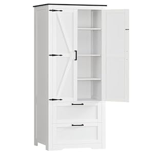 66.2″ H Storage Cabinet with 2 Drawers, Farmhouse Kitchen Pantry Cabinet with 2 Doors & Adjustable Shelf, Handbag Storage Organizer, for Living Room, Kitchen, Bedroom, White