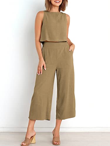 Image of ANRABESS Women's Summer 2 Piece Outfits Sleeveless Tank Crop Button Back Top Cropped Wide Leg Pants Set Pockets