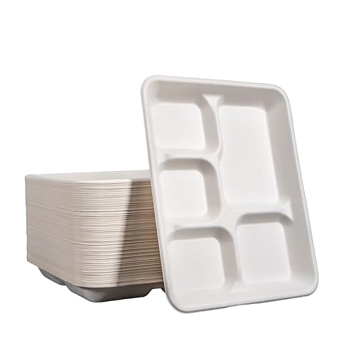 Eland Compostable plates with compartment 5 Compartment Plates Disposable Heavy Duty Food trays disposable. School Lunch Tray Plate Dividers No PFAS 100-Pack-White Color 10.25x 8.25