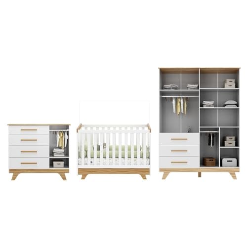Quarto de Bebê Completo com Guarda Roupa Cômoda e Berço 100% Mdf Jolie Retrô Espresso Móveis Branco