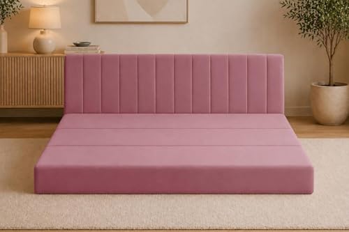 Image of Modern Velvet 3-Seater Sofa Cum Bed, Convertible Sleeper Couch Sofa for Living Room, Bedroom & Office - Rose Pink Color