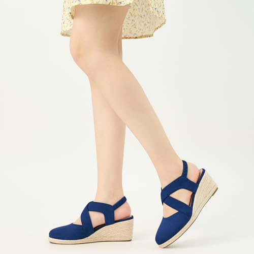 Image of HARENCE Espadrilles Wedge Sandals for Women: Comfortable Closed Toe Ankle Strap Elastic Shoes Summer Dressy Platform Heels