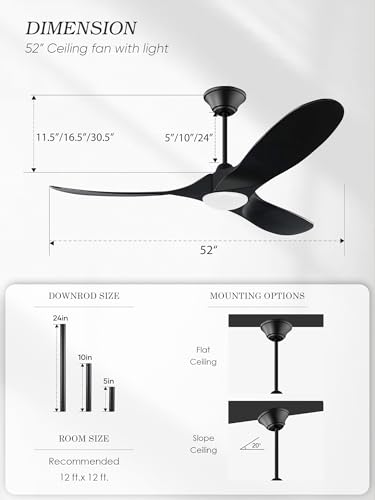 Image of 52 inch Black Ceiling Fan with Lights, Modern Propeller Ceiling Fan, Outdoor Black Solid Wood Ceiling Fans for Patio with Light, Reversible DC Motor High CFM for Porch, Exterior, Indoor