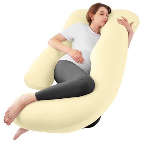 Image of Cooling Pregnancy Pillows for Sleeping, 57'' Full Body Pillow, Light Yellow | Sasttie Maternity Pillow, OEKO-TEX, Down Alternative, Removable Cover, Pregnant Women Must Haves, Maternity Essential