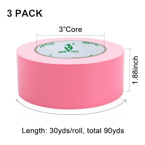 Image of BOMEI PACK Pink Duct Tape, 3Rolls Heavy Duty Strong Industrial Color Duct Tape 9mil x 1.88inch x 30yds for Packing and Repairing