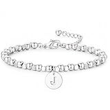 Turandoss Pulseras de cuentas de plata con inicial para mujer, chapada en oro blanco de 14 quilates, pulsera con inicial para mujer, no se deslustra, pulsera de letra J, regalos personalizados para