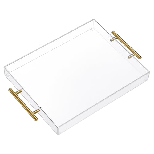 11x14 Clear Acrylic Serving Tray with Golden Handles Sturdy Huge Capacity Acrylic Tray for Coffee Juice Kitchen and Desk Organizer (11x14)