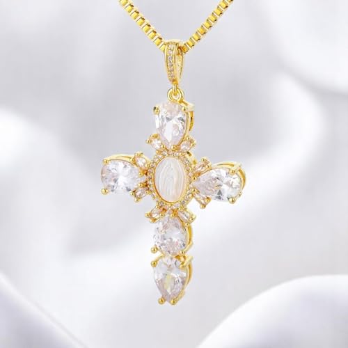 Crystal Zircon Cross Necklace For Women Choker Charm Virgin Mary Pendant Box Chain Female Jewelry Collier Femme - Gold2