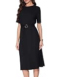 Vinova Casual Dresses for Women Short Sleeve Midi Modest Crew Neck Summer Dress with Belt Black