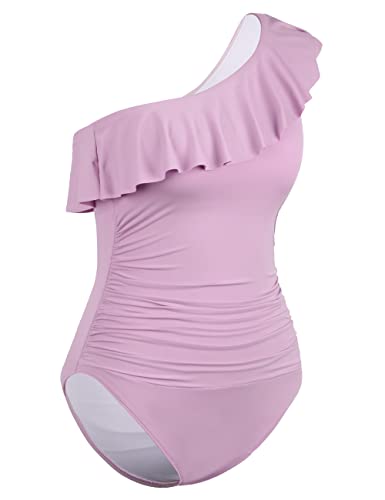 Hilor Women's Tummy Control 1 Piece Swimsuits One Shoulder Swimwear Ruffled Monokinis Bathing Suits Winsome Orchid 18 #TOP4