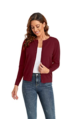 Image of CUNYI Women's Crew Neck Cardigan Long Sleeve Sweater for Women Button Down Soft Knit Ladies Cardigan Sweates Coat, Wine Red S